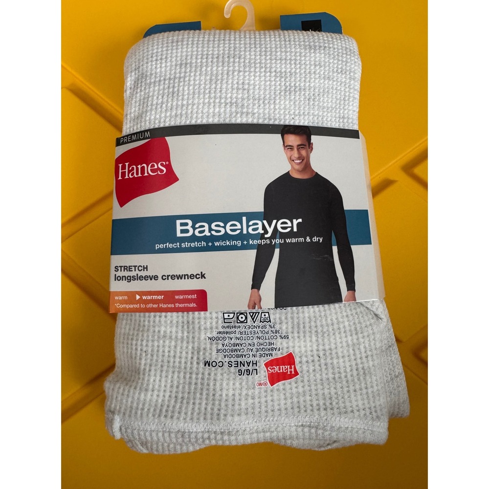 Hanes Premium Baselayer Mens Large Grey Stretch Long Sleeve Crewneck Thermal Top